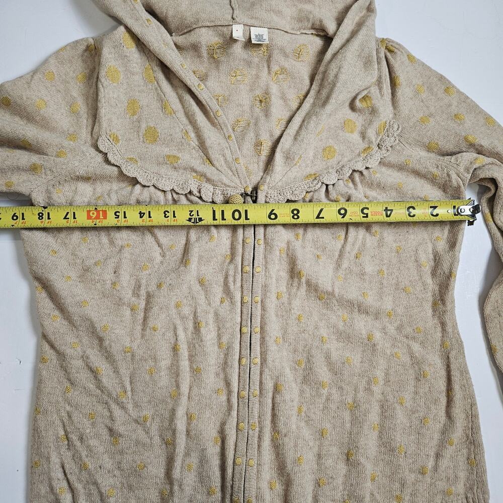 Moth Women Hooded Zip Wool Blend Cardigan Sweater Tan Yellow Dots Large Ruffle - Picture 3 of 9